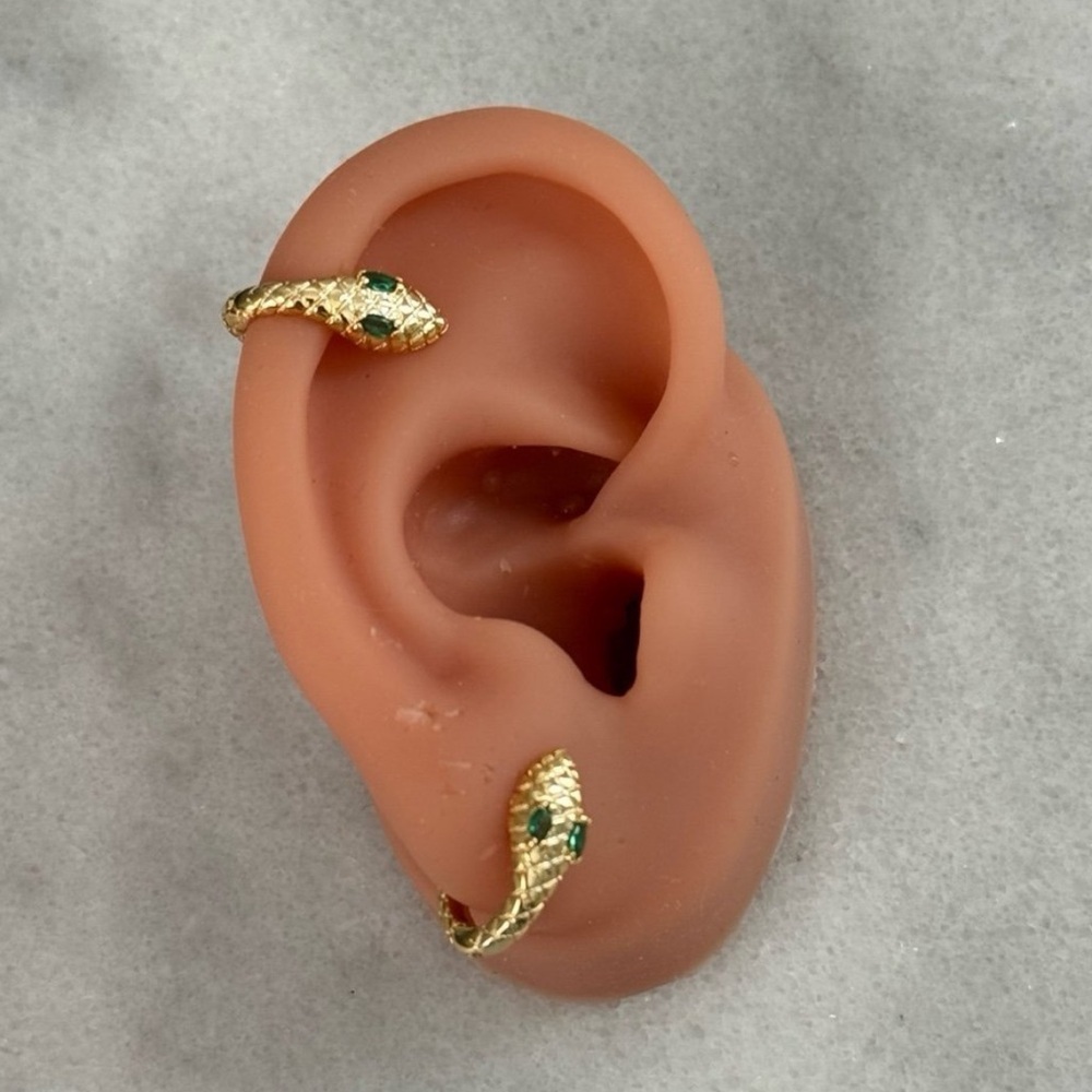 Gold Snake Huggie Hoop Green Crystal Earrings 

Brand New